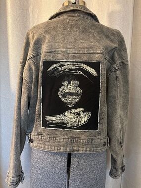 Custom Upcycled Woodcut "Sacred Heart" Denim Jacket